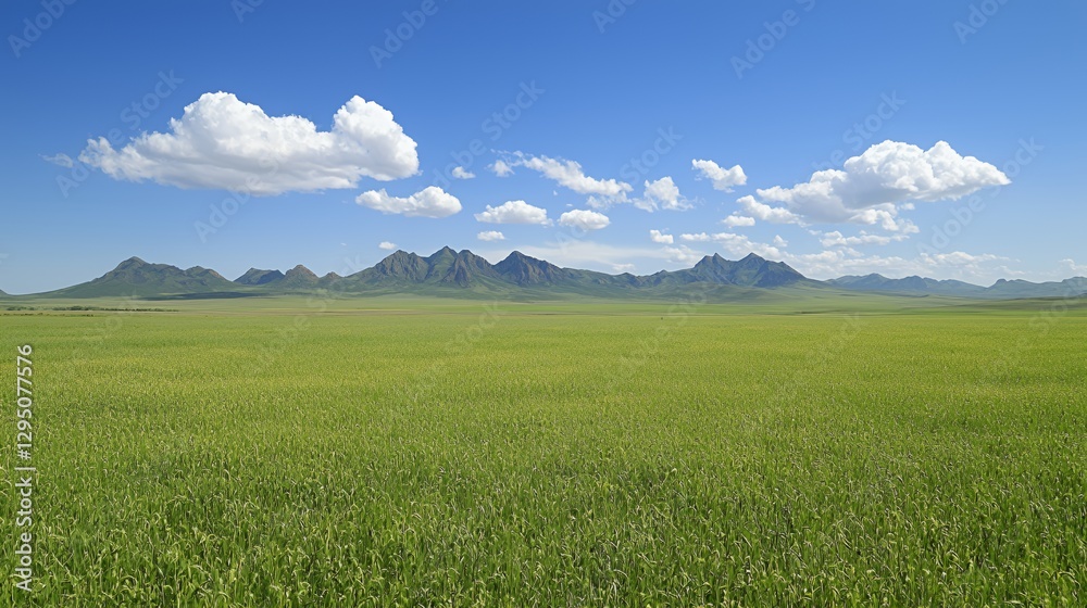 Fototapeta premium Vast Green Field Under a Blue Sky with Distant Mountains