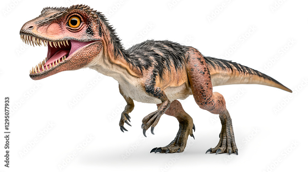 A ferocious-looking young dinosaur against a pure white background. A ferocious-looking young dinosaur against a pure white background.