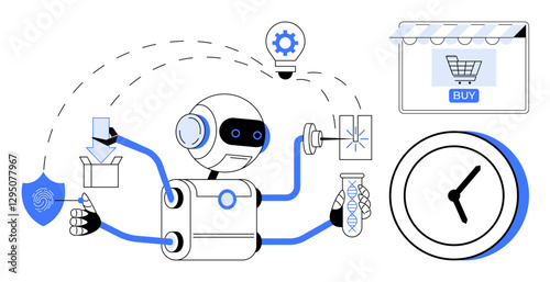 Robot with multiple arms engaged in online shopping, lab analysis, and inventory tasks. Ideal for automation, e-commerce, science, productivity, technology multitasking efficiency. Modern abstract