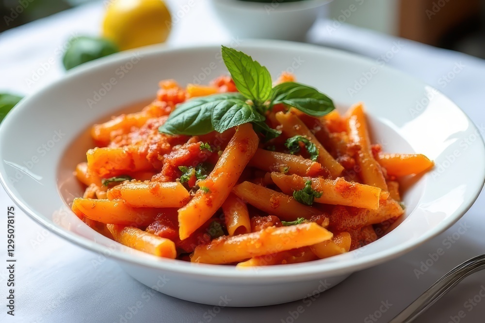 Penne Arrabbiata Feast: Tempting Tomato-Herb Sauce, Served on a Classic Table Setting Penne Arrabbiata Feast: Tempting Tomato-Herb Sauce, Served on a Classic Table Setting