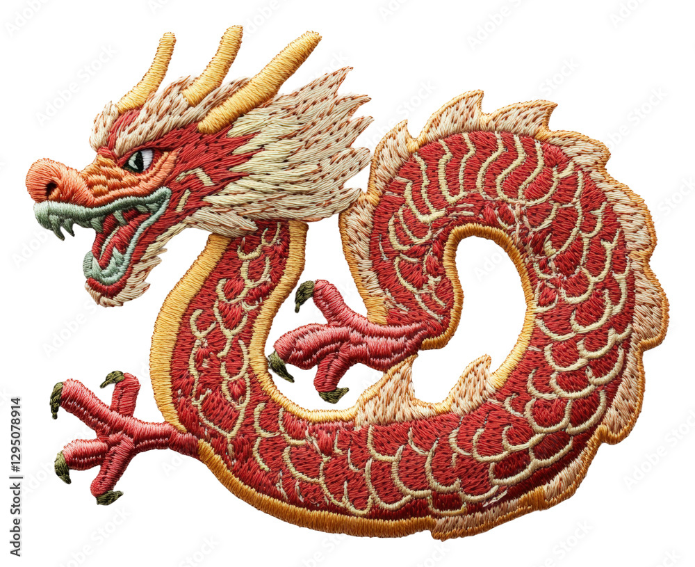 Fototapeta premium Dynamic embroidered dragon cultural showcase textile vibrant detail. Patch design isolated
