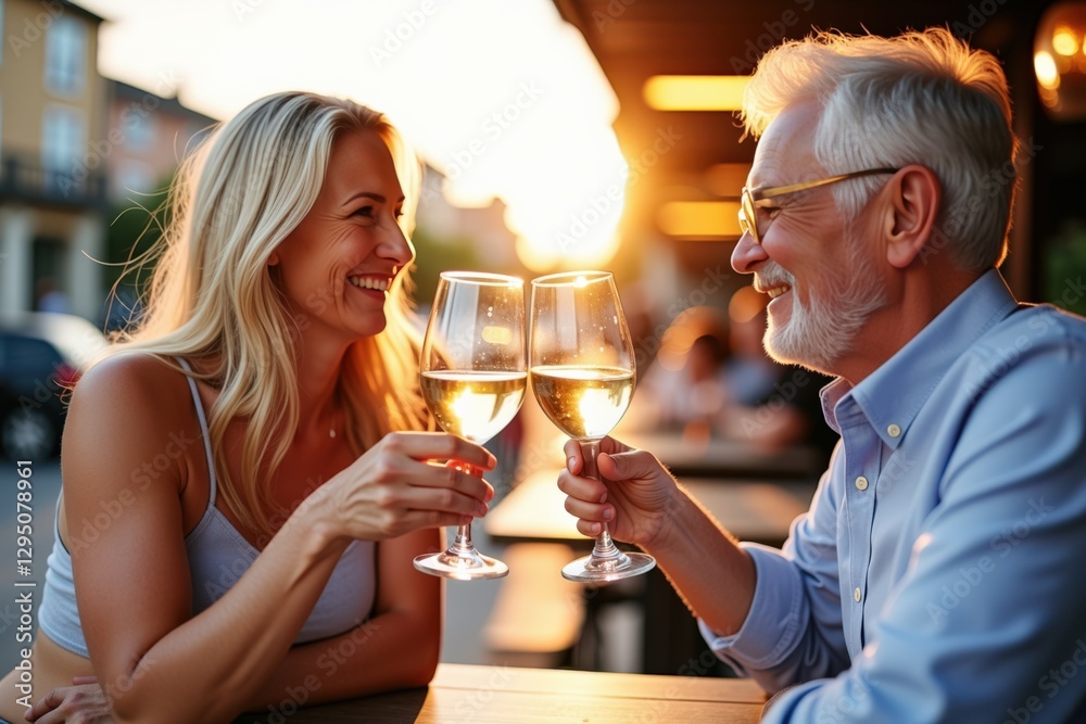 A Joyful Seniors' Romantic Evening: A Geriatric Man with Silver Hair and a Middle-Aged Blond Woman Toasting with Glasses of White Wine in a Sunny Outdoor Setting A Joyful Seniors' Romantic Evening: A Geriatric Man with Silver Hair and a Middle-Aged Blond Woman Toasting with Glasses of White Wine in a Sunny Outdoor Setting