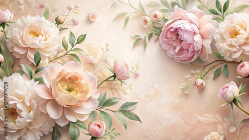 Elegant pastel floral arrangement featuring blossoming peonies and delicate roses, artistically composed on a soft beige background