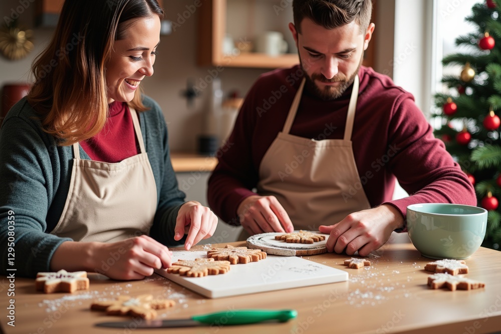 Fototapeta premium Joyful Couple Baking Christmas Cookies Together in a Cozy Kitchen, Capturing a Heartwarming Holiday Spirit with Their Sweet Creations