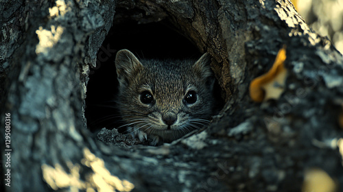Adorable baby elephant shrew hiding in tree trunk hole cute dark eyes wild. photo