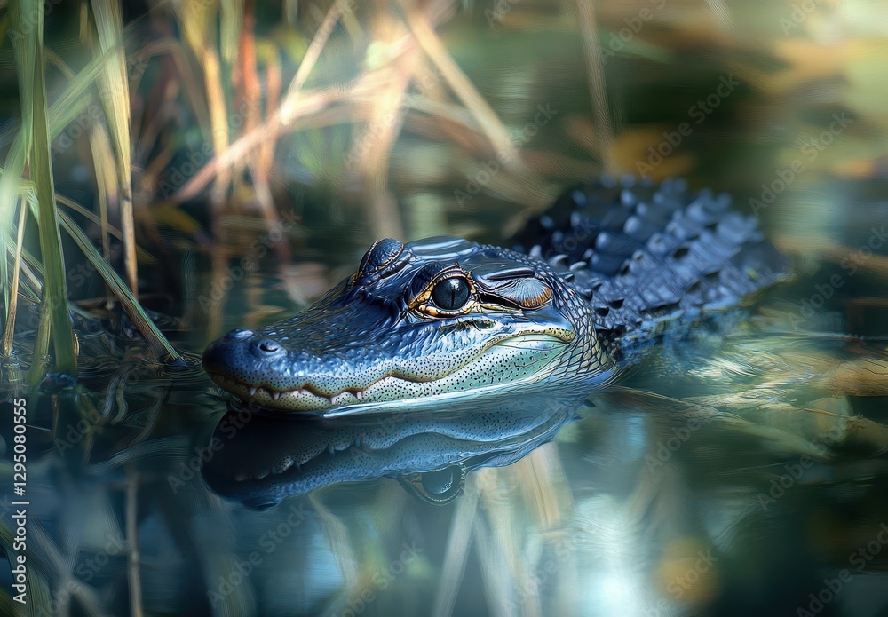 Fototapeta premium Serene Profile of a Swamp-Creature Gliding Through Crystal Waters Surrounded by Lush Vegetation and Gentle Reflections