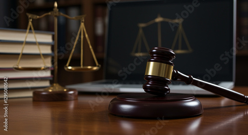 Gavel and Scales of Justice on Wooden Table with Law Books and Laptop. Law and justice concept. Gavel scales of justice law books and laptop on a wooden table