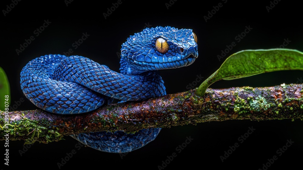 Fototapeta premium Blue viper coiled on branch, rainforest night, wildlife photography