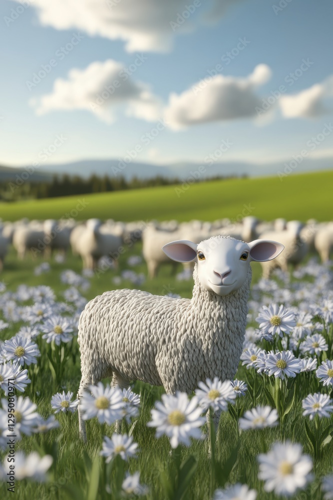 Fototapeta premium Sheep in flower grass field in Spring.