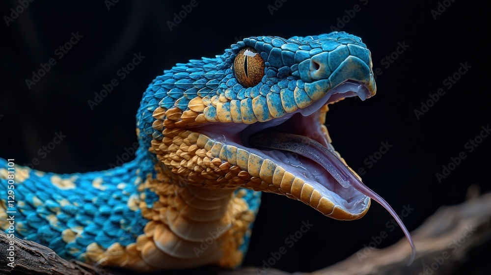 Fototapeta premium Blue viper striking, rainforest, night, wildlife, reptile