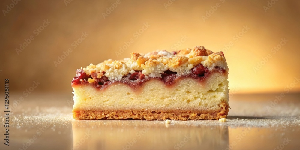 A delectable slice of homemade crumble cake, featuring a sweet berry filling and a buttery, golden-brown crust, sits on a smooth surface, dusted with powdered sugar. A delectable slice of homemade crumble cake, featuring a sweet berry filling and a buttery, golden-brown crust, sits on a smooth surface, dusted with powdered sugar.