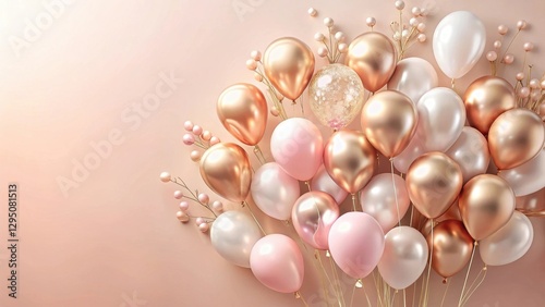 Wallpaper Mural A cluster of rose gold and blush pink balloons adorned with delicate gold stems and pearl accents against a soft peach background Torontodigital.ca