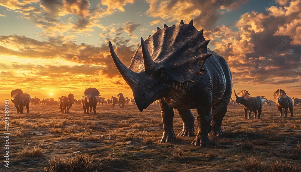 Fototapeta premium Triceratops herd grazes in prehistoric field at vibrant sunset