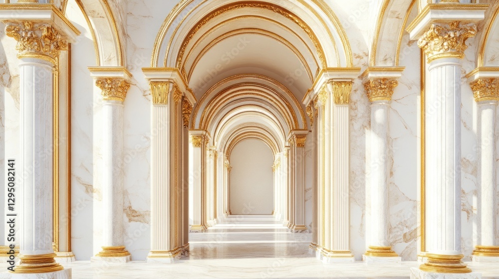 Elegant marble hallway, golden arches, sunlight, luxury interior design, architecture Elegant marble hallway, golden arches, sunlight, luxury interior design, architecture