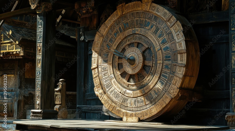 Fototapeta premium A large ornately carved wooden wheel rests within a building