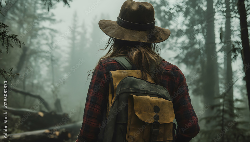 Close-up of a female logger in misty woods - Close-up of a female logger in misty woods -