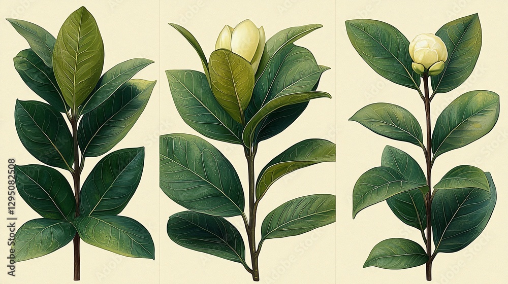 Fototapeta premium Three magnolia branches with leaves and blossoms, detailed botanical illustration.