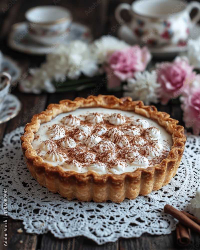 Decadent Cream Tart with Cinnamon Topping on Lace Doily Surrounded by Tea Set and Pink White Flowers - Perfect for Elegant Dessert and Tea Time Themes Decadent Cream Tart with Cinnamon Topping on Lace Doily Surrounded by Tea Set and Pink White Flowers - Perfect for Elegant Dessert and Tea Time Themes