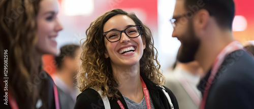 Close-up of a happy group listening to a startup business owner at a trade show  - 