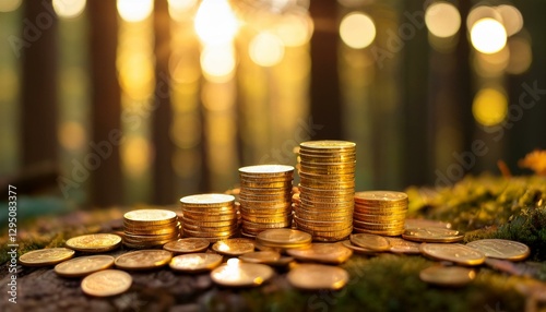 Golden coins are carefully arranged in stacks on the forest floor illuminated by soft twinkl  photo