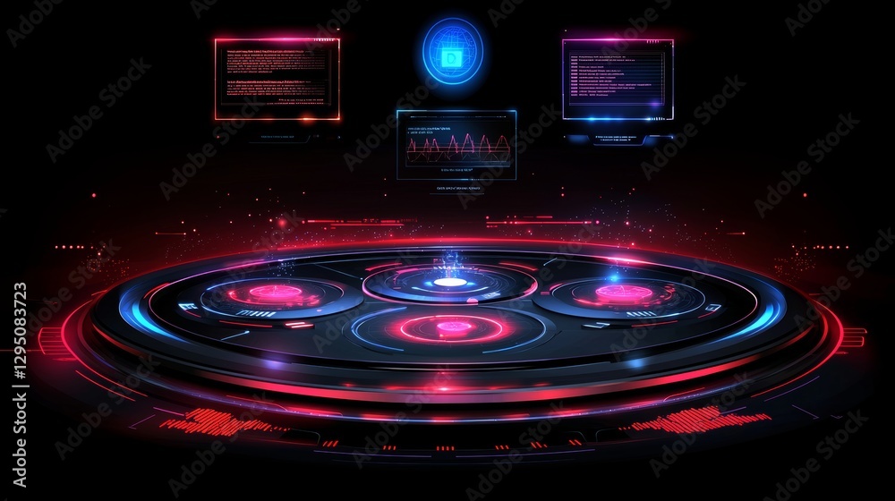 Obraz premium Futuristic Sci-Fi Interface Displaying Data Analytics Virtual Command Center Digital Screens Red Neon Glow High-Tech Perspective