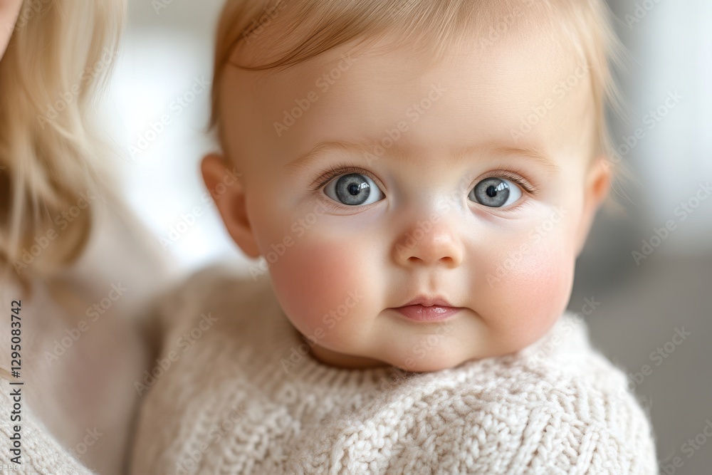 A woman gently cradles a baby, showcasing the child's striking blue eyes in a tender moment of connection and love. A woman gently cradles a baby, showcasing the child's striking blue eyes in a tender moment of connection and love.