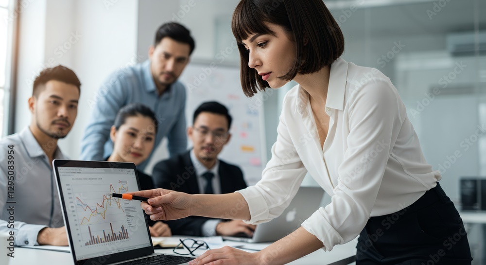 Businesswoman presenting financial data to team using laptop in office