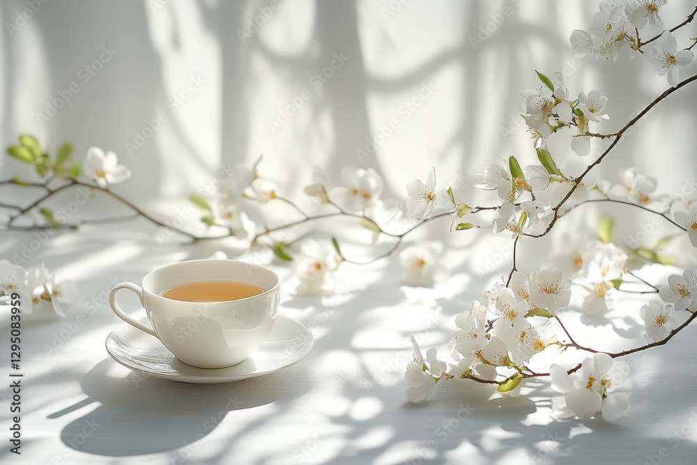 A delicate cup of tea rests on a saucer, accompanied by a branch of white flowers, creating a serene and inviting atmosphere. A delicate cup of tea rests on a saucer, accompanied by a branch of white flowers, creating a serene and inviting atmosphere.
