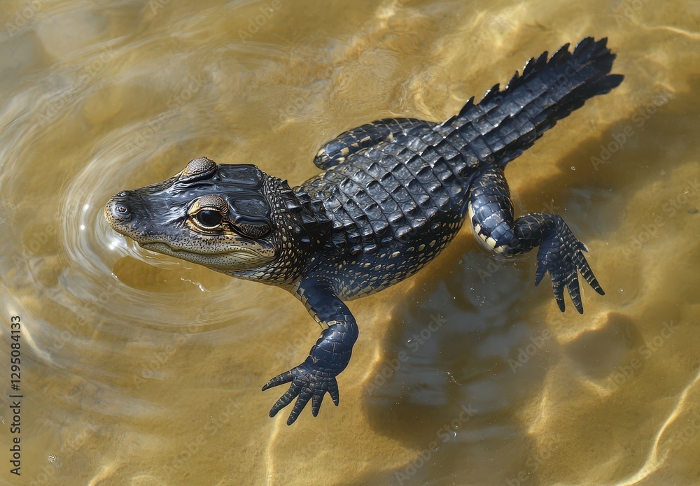 Naklejka premium Young Alligator Swimming in Clear Water, Sunlight and Reflections Highlighting Its Textured Scales and Sharp Eyes, Nature Photography of Reptile Habitat
