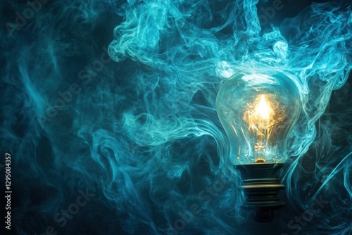 Glowing gas lamp emitting light surrounded by swirling blue vapor in a dimly lit space. Generative AI photo