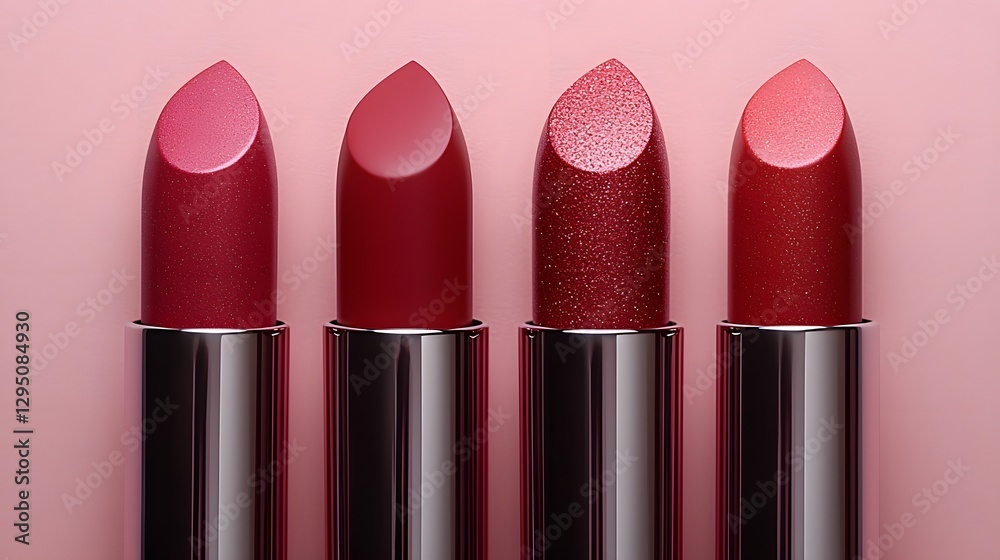 Obraz premium Four different lipsticks with varying shades displayed on a pink backdrop