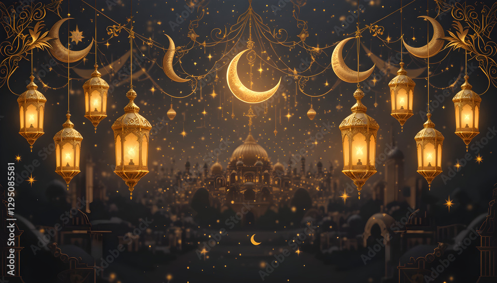 Arabic traditional Ramadan Kareem eastern lanterns garland. Muslim ornamental hanging golden lanterns, stars and moon vector illustration set. Islamic oriental style garland Arabic traditional Ramadan Kareem eastern lanterns garland. Muslim ornamental hanging golden lanterns, stars and moon vector illustration set. Islamic oriental style garland