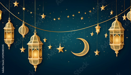 Arabic traditional Ramadan Kareem eastern lanterns garland. Muslim ornamental hanging golden lanterns, stars and moon vector illustration set. Islamic oriental style garland