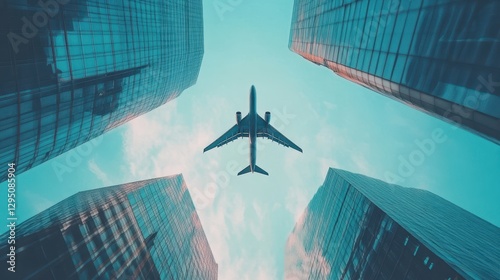 A raffle plane soars above a bustling cityscape, showcasing towering buildings and vibrant urban life from an aerial perspective.