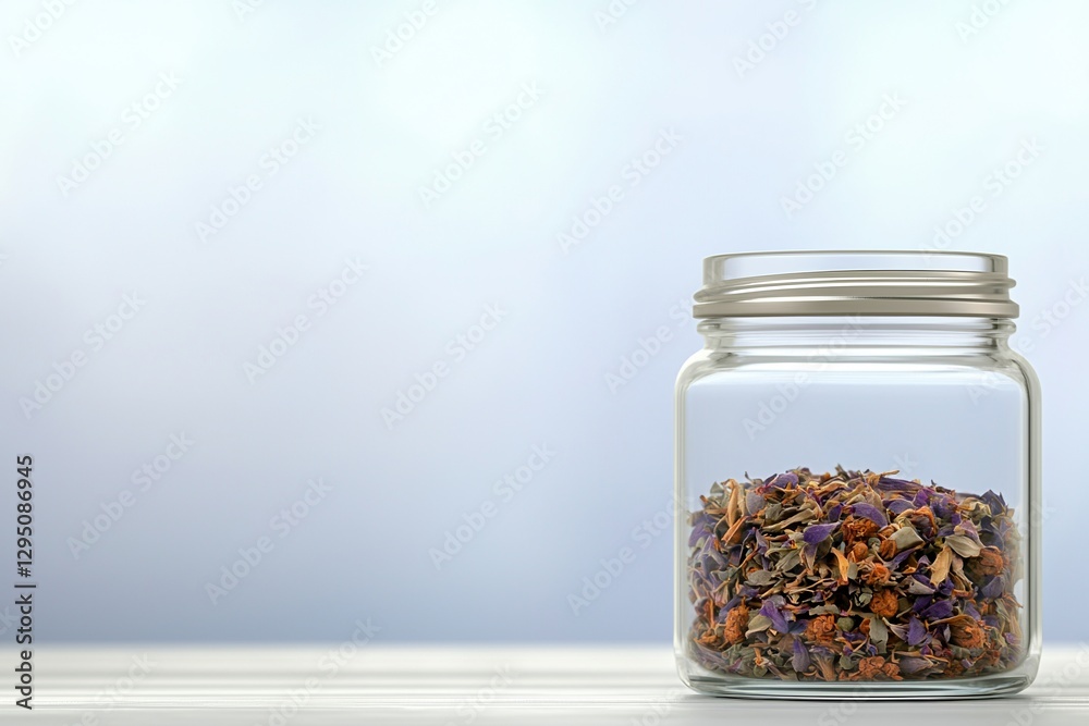 Self Care Routine Concepts. Glass jar filled with colorful dried herbs on a wooden surface.