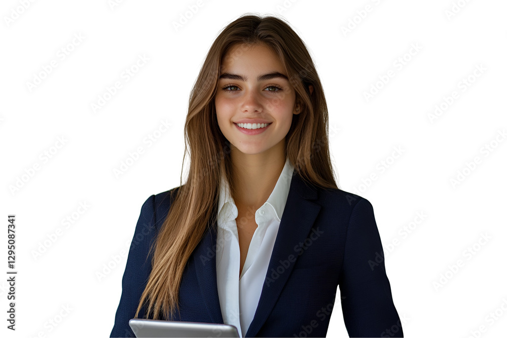 The young businesswoman is wearing a navy blue suit with a white dress shirt and long straight hair. Her is smiling while holding a silver tablet in both hands, on white background The young businesswoman is wearing a navy blue suit with a white dress shirt and long straight hair. Her is smiling while holding a silver tablet in both hands, on white background