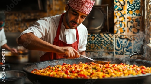 Chef skillfully preparing a vibrant paella in a bustling kitchen with colorful tiles