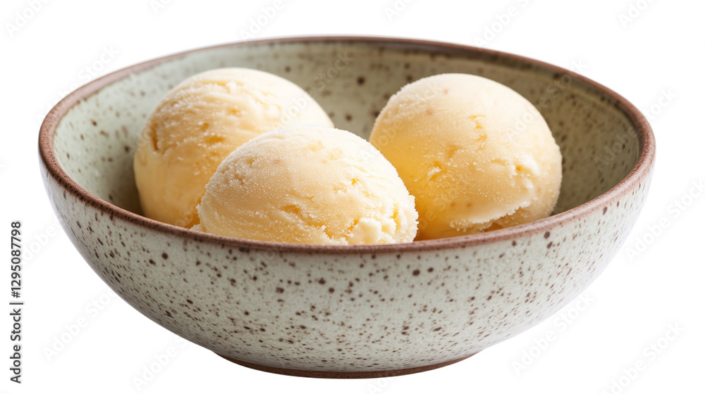 Creamy vanilla ice cream scoops in a bowl isolated on transparent background, ideal for food and dessert menus or advertising. Creamy vanilla ice cream scoops in a bowl isolated on transparent background, ideal for food and dessert menus or advertising.