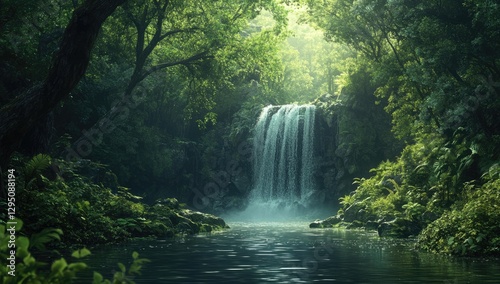 Lush Waterfall in a Tropical Forest