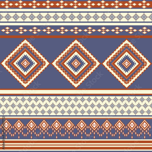 Tribal ethnic pattern seamless design with geometric borders and vintage aztec textile texture for wallpaper or fabric decor