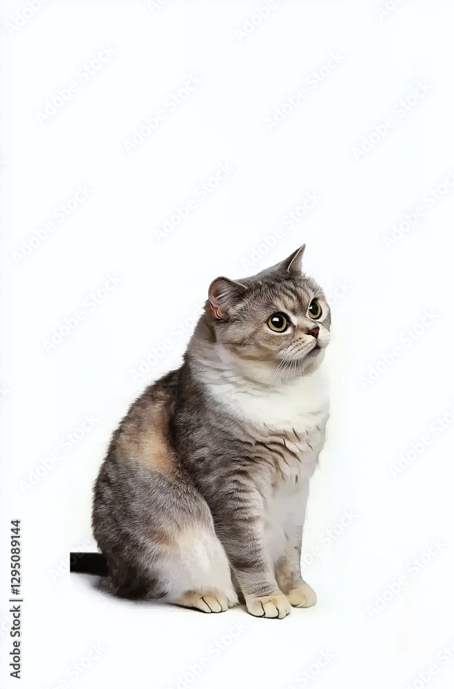 Fototapeta premium Cute Gray Cat Sitting Gracefully Against a White Background with Captivating Eyes 