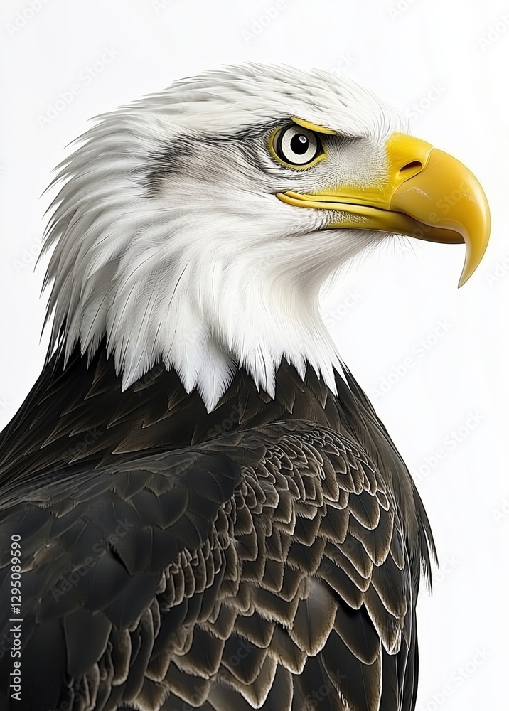 Obraz premium Majestic Bald Eagle Portrait Against Clean White Background With Intense Gaze 