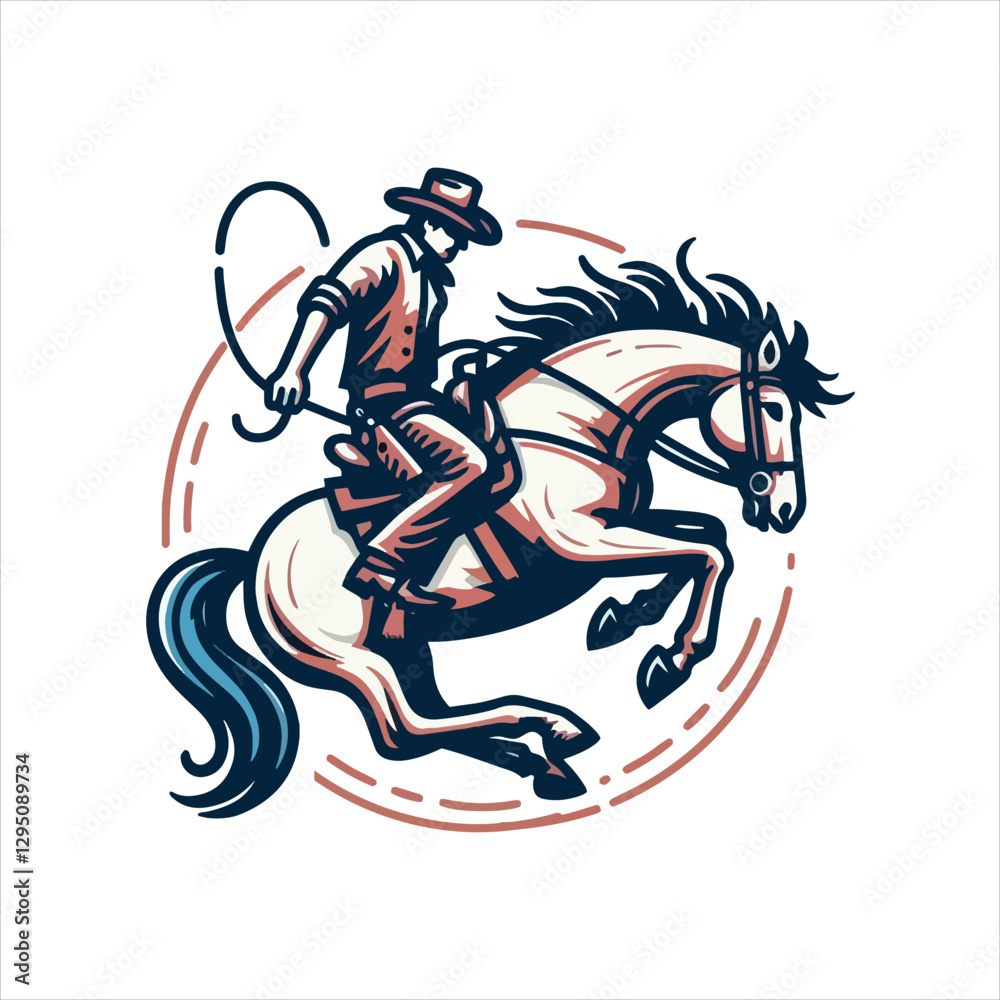 A cowboy on a rearing horse, swinging a lasso