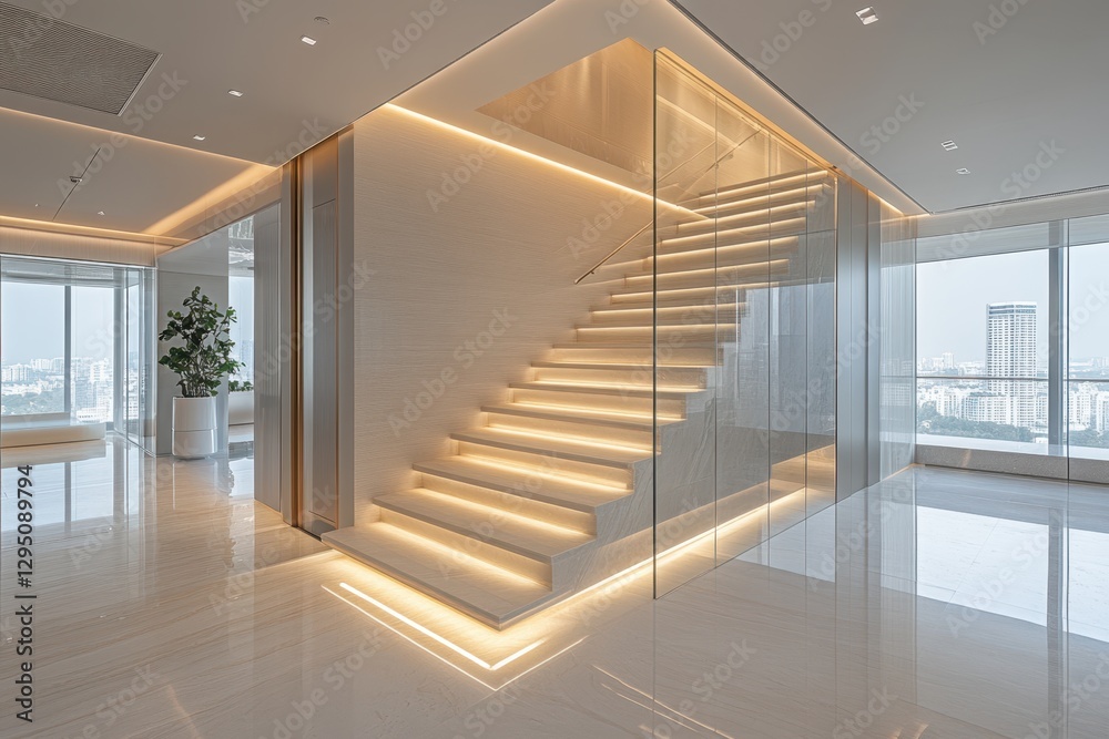 Obraz premium A detailed close-up of a staircase featuring a vibrant plant positioned in the corner of a modern building interior.