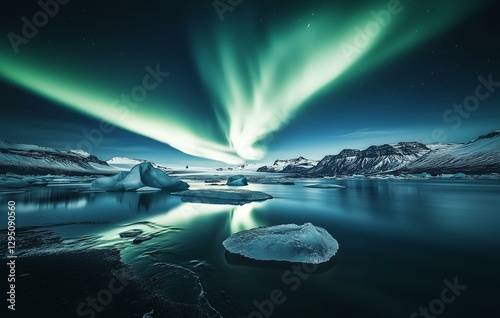 Aurora Borealis illuminates the night sky over icy landscapes reflecting in calm waters photo