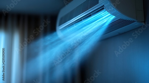 Air conditioner cooling dark room, blue air flow