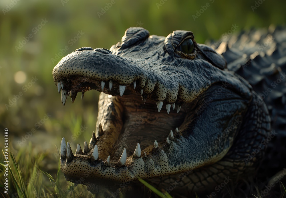 Obraz premium A Close-Up of a Fierce Alligator with Open Mouth Showcasing Sharp Teeth on a Blurred Natural Background in Soft Evening Light