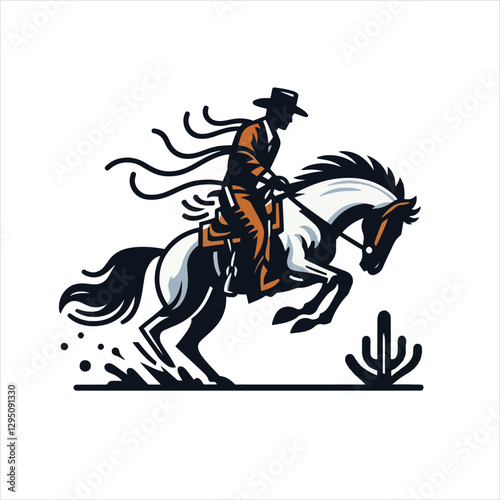 A cowboy on a rearing horse, swinging a lasso