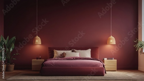 Modern burgundy bedroom interior with pendant lamps and bed photo