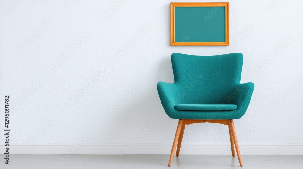 Fototapeta premium A simple interior scene featuring a chair beside a wall adorned with a picture frame, creating a cozy and inviting atmosphere.